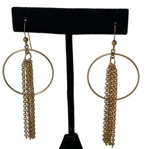 Artisan 14k yellow gold hoops earrings with chain tassel NEW